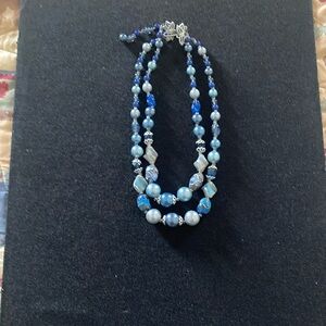 Japan Vintage double strand  beaded necklace blues & silvers